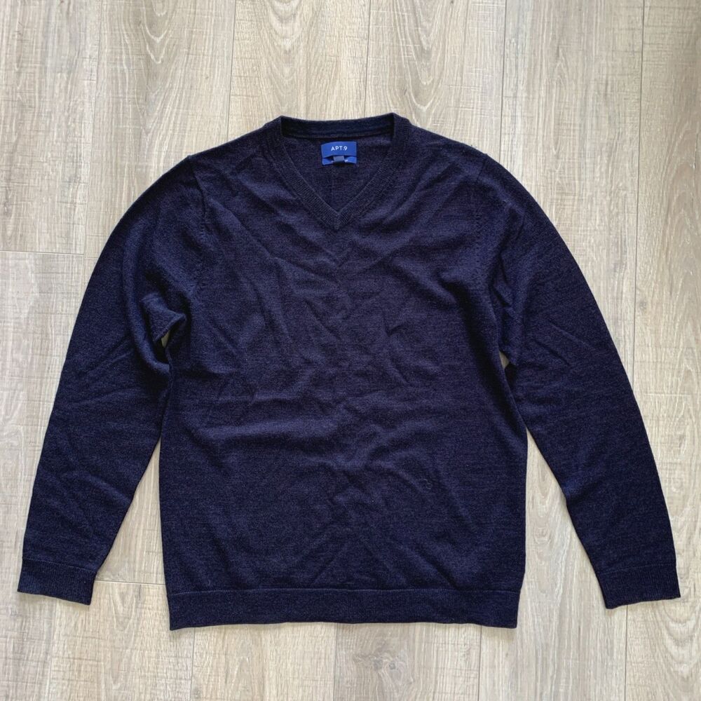Apt. 9 Merino Blend Slim Fit Sweater V-Neck Navy Purple Pullover Mens Size M